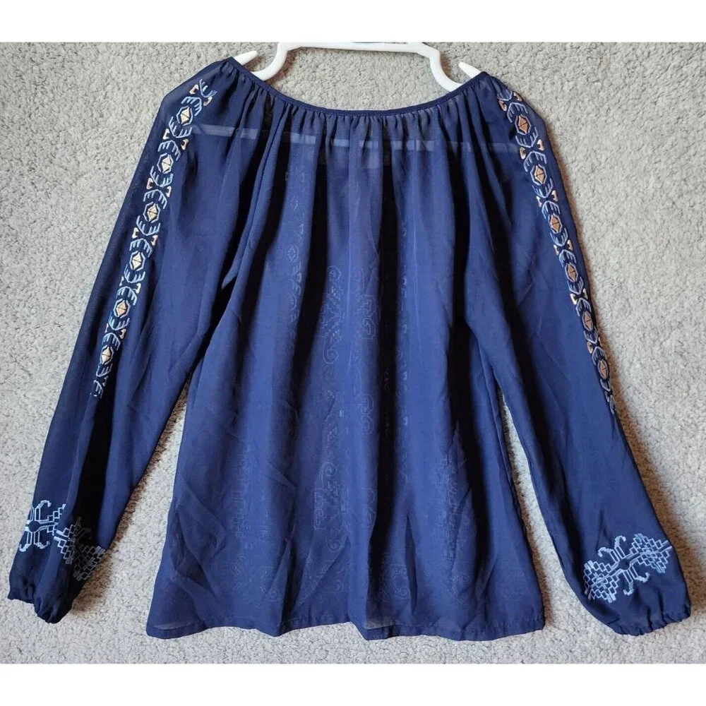 Roper Women's Long Sleeve Semi-Sheer Blouse Top Embroidered Western Blue Size XS